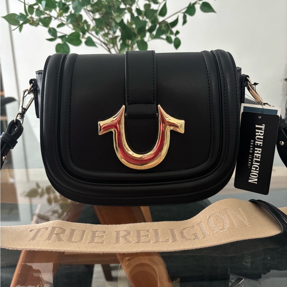 True Religion Black and Gold Crossbody Bag with Saddle Silhouette